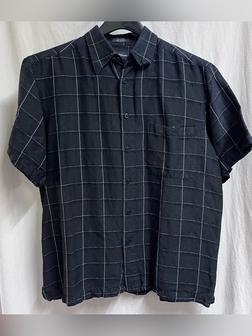 Marc Edwards Mens M Linen Rayon Blend Button Front Shirt Black White Window Pane
